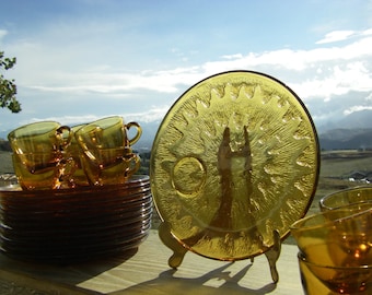 Indiana Glass Company 'Sunburst-Amber' Snack Plate and Cup Set, 12 Sets