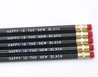 happy is the new black pencils, set of 6 pencils, inspirational desk accessories, fun office supplies, custom pencils, engraved pencil