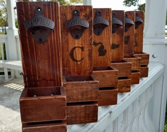 Rustic Wall Mount Opener with removable cap catcher FREE Personalization- Bottle Opener - Man Cave - wall mounted