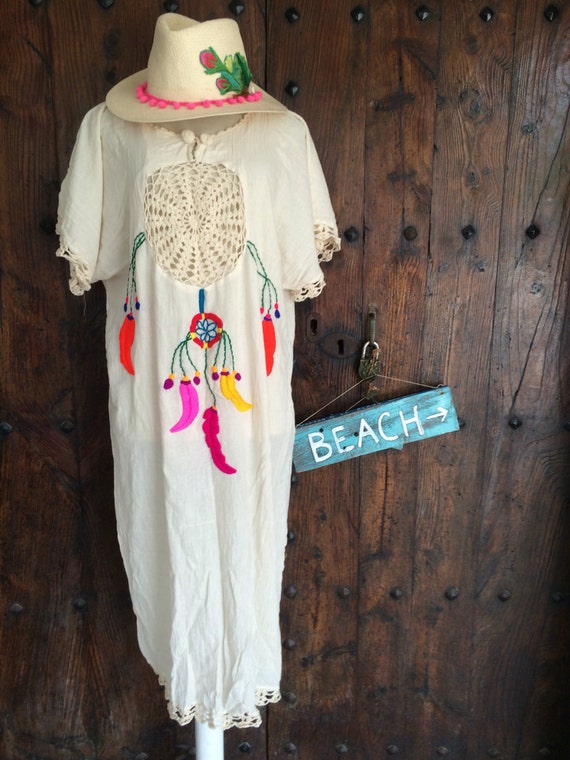 Mexican dream catcher cotton kaftan with multi color hand