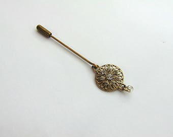 antique bronze dangle pin hat pin scarf pin hijab white stones