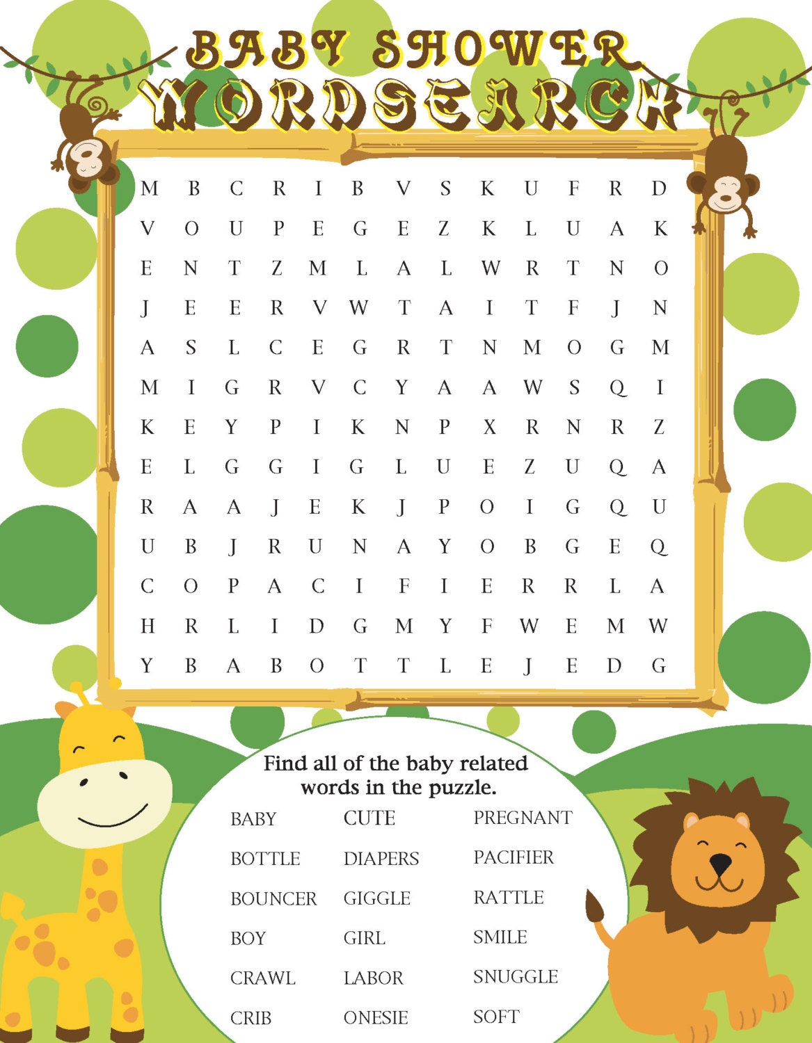 Printable Jungle Themed Baby Shower Word Search