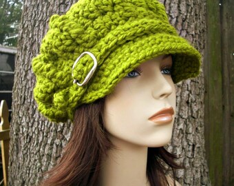 Crochet Hat Womens Hat Green Newsboy Hat - Oversized Monarch Ribbed Crochet Newsboy Hat in Lemongrass Green Hat - Womens Accessories