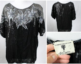 Vintage Sequin Shirt, Women's Sequin Top, Vintage Sequinned Shirt, Black Sequin Shirt, Black and Silver Sequin Shirt, Vintage Beaded Shirt