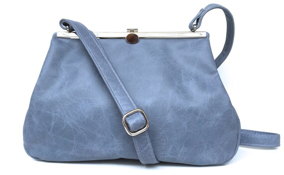 Leather bag , leather handbag , handbag blue leather, shoulder bag , Clipper SMALL, "BLUESKY" , handbag with snap