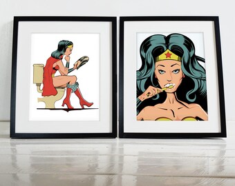 Wonder Woman Comic book Superhero Brushing Teeth and on the Toilet Bathroom Restroom Poster Wall Art Hanging Print Home Décor