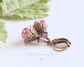Brass Earrings, Purple Earrings, Czech Glass Flowers Crystals, Swarovski Crystals, Victorian Earrings, Bell Flower Earrings, Hippie Earrings