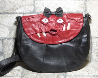 Cross Body Adjustable Purse With Face Monster Black Leather Unique Gift 451