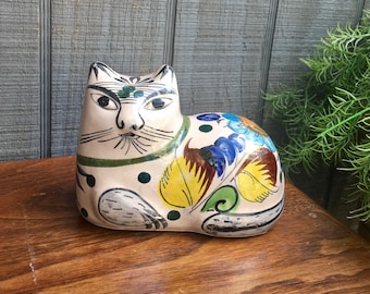 Vintage Glazed Pottery CAT, Mexico, Retro Mid Century Modern Mod Bohemian