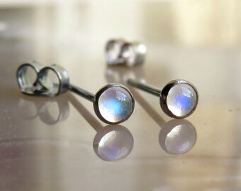 Rainbow Moonstone Post Earrings, Black Stud Earrings, Small Post Earrings, Oxidized Stud Earrings