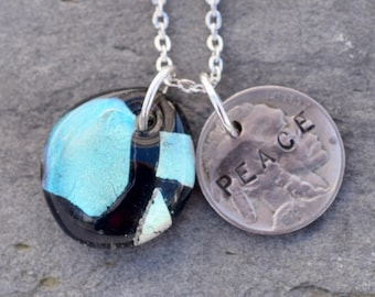 Dichroic Glass Pendant Boro Lampwork Stamped Coin Necklace - Peace