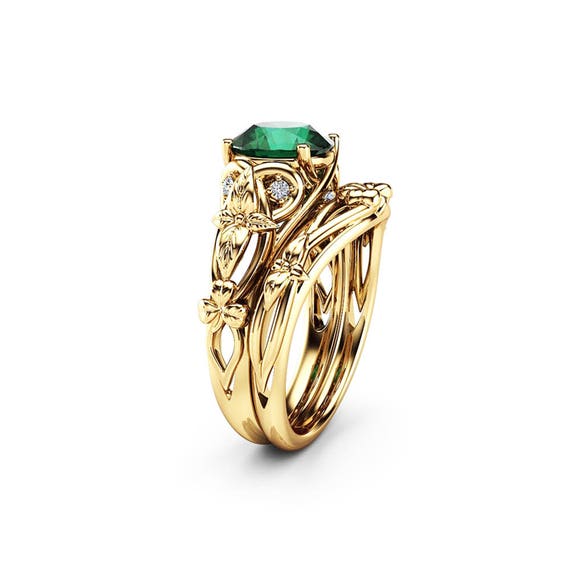 Natural Emerald Shamrock Celtic Knot Engagement Ring Set 14K