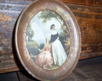 Vintage Miniature Italy Framed Print Women Waterfall