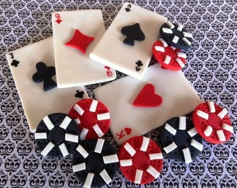 12 Fondant toppers,Las Vegas,Casino, poker party, fondant playing cards, poker chips, gambling party, edible cards, cake and cupcake toppers