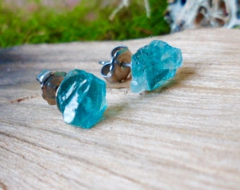 Raw Blue Green Apatite Madagascar Surgical Steel Stud Earrings Rough Gemstone Crystal