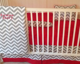 Bumperless Red and Gray Modern Crib Bedding