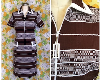60s 70s Vintage Brown Stripe Zip Front Shift Dress Medium Large