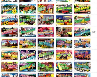 50 Greetings -Free Shipping- Full Original Sheet of (50) - Greeting from America - Vintage Unused U.S. Postage Stamps - Post Office Fresh!