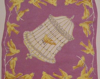 Vintage Pink & Yellow Birds and Birdcage Hankie