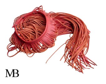 Leather Fringe Necklace or Scarf, Bohemian Necklace , Long fringe Necklace, Fringe Choker, Orange Salmon, in stock