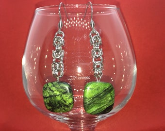 Chainmaille Earrings - Byzantine with Malachite - Stainless Steel