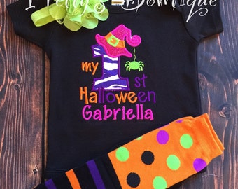 1st Halloween Girl Outfit with Halloween Shirt or Bodysuit, Tutu, Bloomers, Leg Warmers and Headband Sizes 3 Months to Youth XL