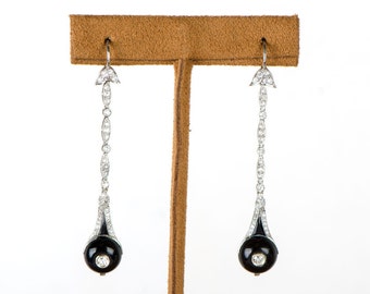 Rare Antique Art Deco Diamond and Onyx Earrings. Circa 1925.