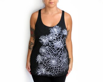S,M,L,XL -Tri-Blend Black Racerback Tank with Chrysanthemums Screen Print