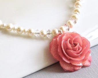 Real Rose Necklace - Pink Rose, Pearl Necklace, Real Flower Jewelry, Nature Jewelry, Flower Necklace, Statement Necklace, Small Rose