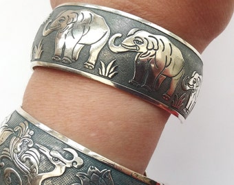 Silver Elephant Bracelet, Elephant Bangle, Slate Gray Patina, Silver Bangle, Boho Jewelry, Ethnic, Elephant Jewelry