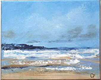 Abstract beach art, 8x10 beach painting with beach foam, small ocean painting with land, some texture