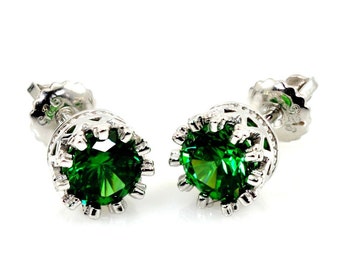 Emerald Studs. 6mm 1ct Crown Style Screw Backs .925 STERLING SILVER.