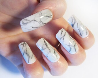 White Marble False Nails, Set of 20 Available in Various Shapes, Marble Fake Nail Art
