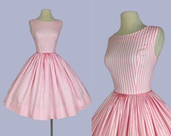 Vintage 1950s Pink and white striped cotton dress / 50s Party Dress / Rockabilly Pinup/ VLV