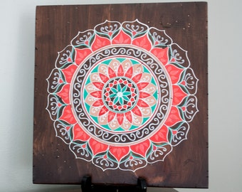 Mandala Art- Mandala on Distressed Wood- Mandala Wall Hanging- Mandala Decor- Red Mandala