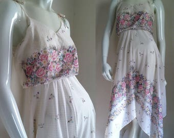 FINAL SALE --- Vintage 1970s-80s White Floral Handkerchief Hem Sundress