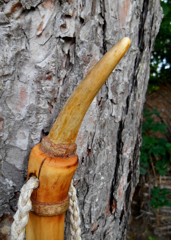 Wood hiking staff with deer antler Rustic Walking stick