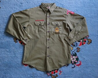 Vintage 1960s Boy Scout Shirt - Olive Green Button Up