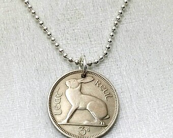 1961 - 1968 Irish jewelry. coin jewelry. Ireland COIN NECKLACE. Irish harp. Gaelic. Year of the Rabbit. bunny necklace. celtic jewelry