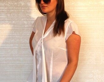 Women Vintage White Cotton Blouse / Summer Secretary Prom Mod Blouse / Large