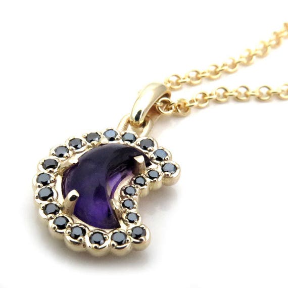 Amethyst and Black Diamond Crescent Moon Pendant - 14k Yellow Gold - Ready to Ship