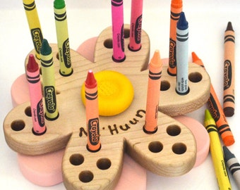Personalized Flower Crayon Holder - Back To School Gift - Wooden Crayon Holder - an heirloom toy by Hill Country Woodcraft