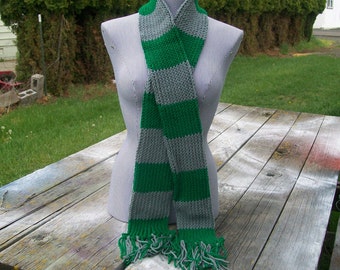 Knitted Gray and Green Striped Long Scarf Potter Ready To Ship
