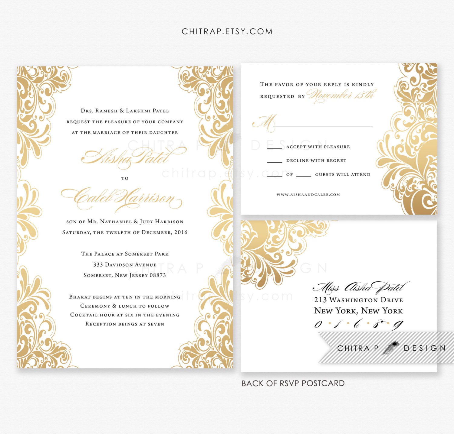 White Gold Wedding Invitations & RSVP postcards Printed