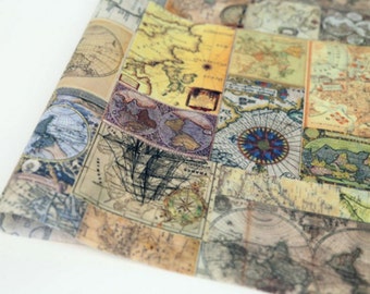 Laminated Cotton Vintage World Map printed Fabric made in Korea by the Yard