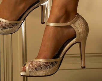 Wedding Shoes - Wedding Lace Shoes- 3 1/2" Heels- Peep Toe Wedding Shoes, Womens Wedding Shoes - D'Orsay Bridal Shoes, Custom Dyed Colors