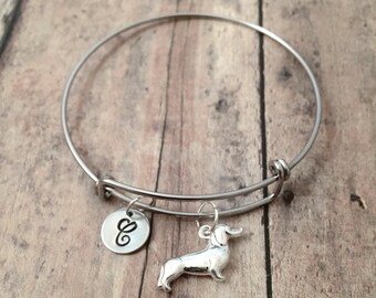 Dachshund initial bangle - dachshund jewelry, doxie jewelry, weenie dog jewelry, dachshund bangle, doxie bracelet, silver dachshund pendant