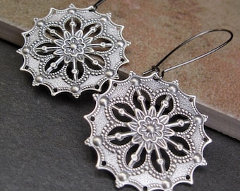 Silver Boho earrings Gypsy earrings filigree dangle earrings round drop earrings - Bohemian jewelry