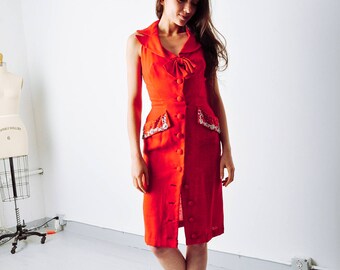 Vintage Red Linen Embellished Dress
