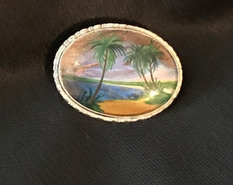 Antique silver brooch with hand painted scene